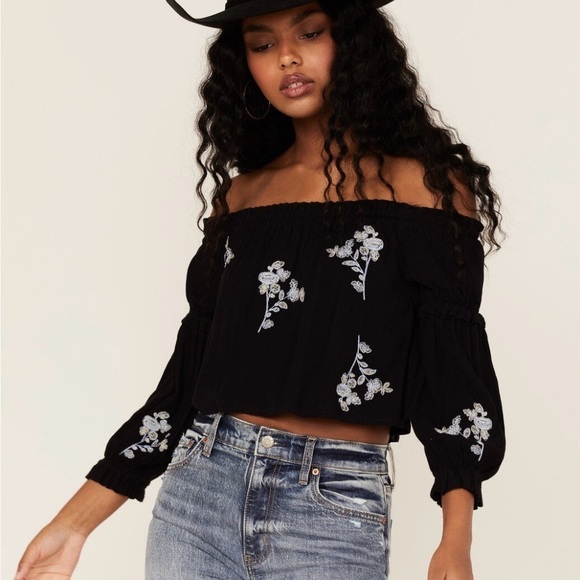 Shyanne Women's Off-Shoulder Embroidered Crop Top Black Floral Large - Picture 1 of 10